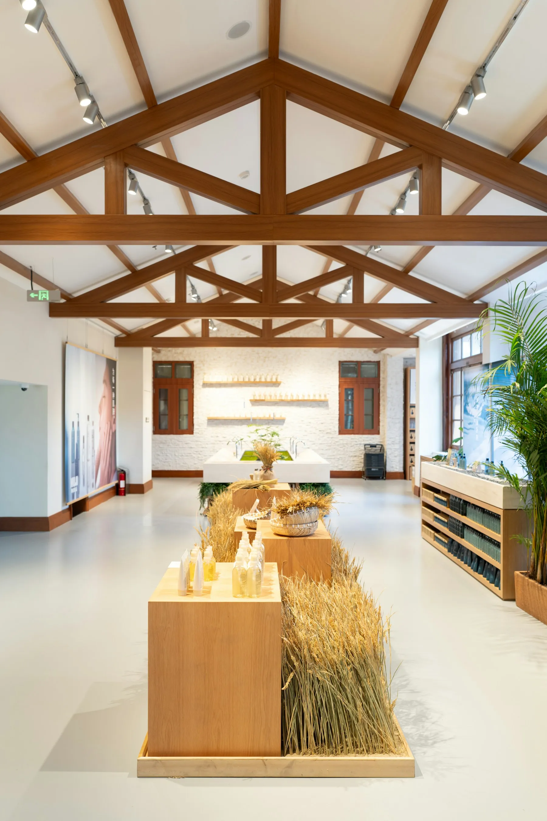 Tienda — vigas de madera y lineal de producto